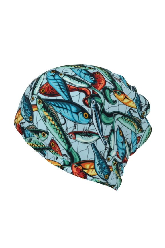 Colorful Fishing Baits Cotton Slouchy Beanie Hat for Men/Women,Lightweight Oversize Large Thin Skull Cap Night Sleeping Cap