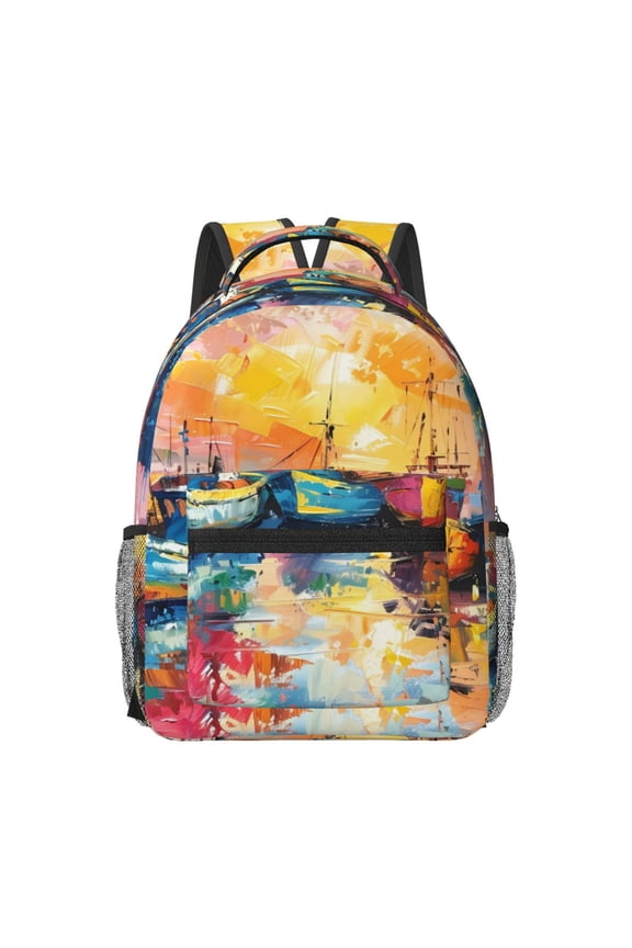 Colorful Fishing Boats Pattern Durable Student Backpack Laptop Bag- Ergonomic Design, Waterproof Twill Fabric - Ideal for School, Travel, and Outdoor Activities-One Size