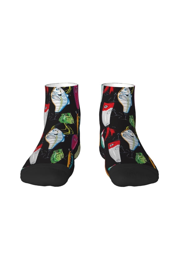 Colorful Fishing Lures Pattern Quarter Crew Socks,Toe Seamed Ankle Socks,Cotton Cushioned Breathable Athletic Crew Sports Socks