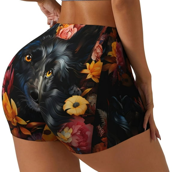 Rateoe Colorful Floral Black Dog Printed Power Workout Shorts for Women Tummy Control Squat Proof Ribbed Thick Seamless Scrunch Active Short-XX-Large
