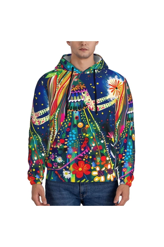 Colorful Floral Forest Fairy Pattern Mens Hoodie, Pullover Hooded Sweatshirt, Kangaroo Pocket Hoodie Ideal for Daily Wear, Travel and Home-Large
