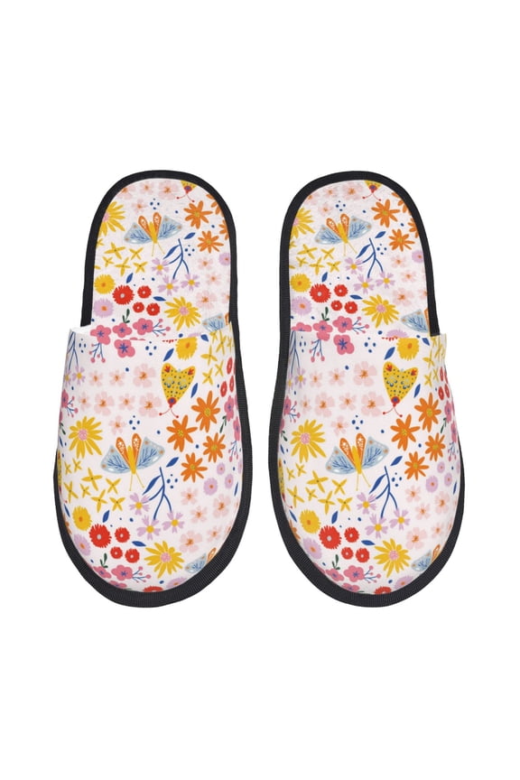 Colorful Floral Pattern Fuzzy Slippers Fuzzy Soft House Slippers Plush Furry Warm Cozy Open Toe Fluffy Home Shoes-Medium