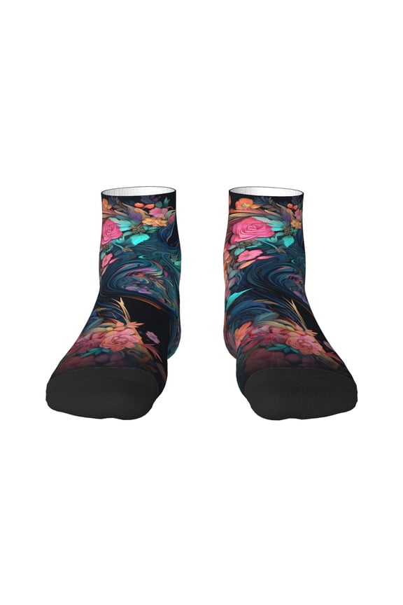 Colorful Floral Patterned Horse Pattern Quarter Crew Socks,Toe Seamed Ankle Socks,Cotton Cushioned Breathable Athletic Crew Sports Socks