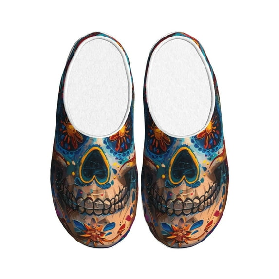 Rateoe Colorful Floral Skull A Print Women's Men's Cotton Knit Slippers Lightweight Memory Foam Indoor House Shoes with Anti-Skid Sole-39/40