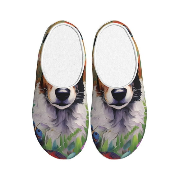 Rateoe Colorful Flower Dog Print Women's Men's Cotton Knit Slippers Lightweight Memory Foam Indoor House Shoes with Anti-Skid Sole-39/40