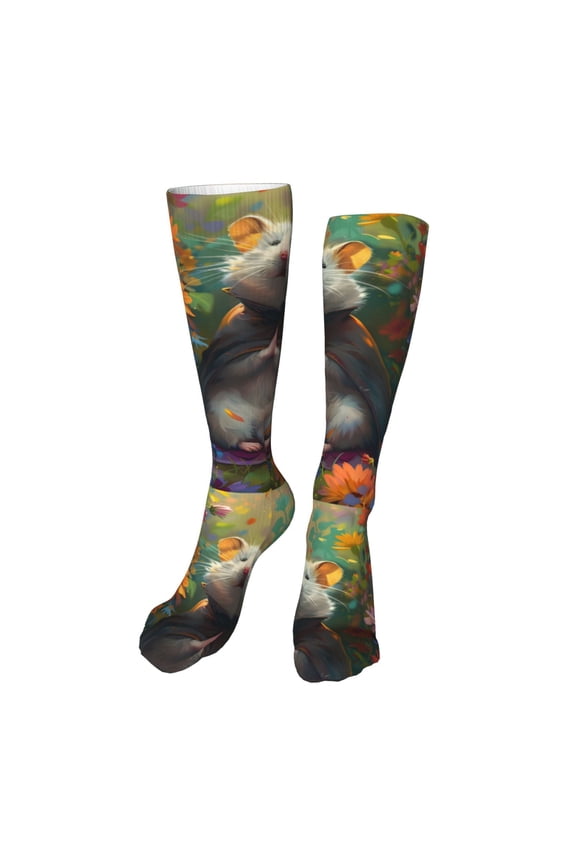 Colorful Flower Meditating Hamster print Women's Men's Novelty 20in Crew Socks Cotton Socks Knee High Socks for Walking,Running,Nurses,Pregnancy-One Size