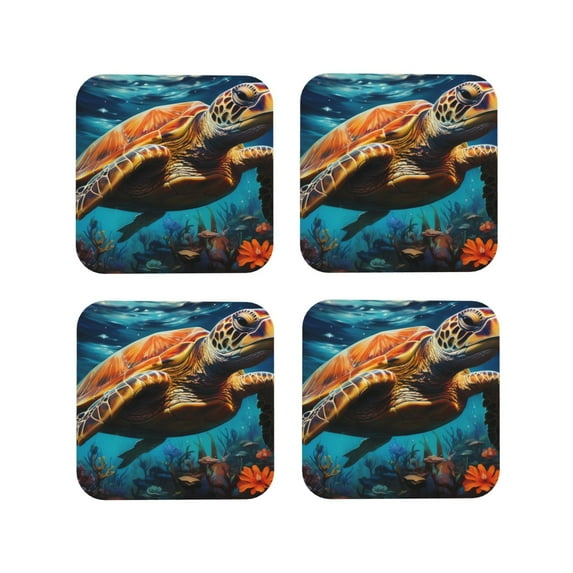 Rateoe Colorful Flower Sea Turtle Drawing Drink Coasters Set of 4 Leather Coasters Spill Protection for Table Desk,Durable and Non Slip Leather Coaster ,4 Inches Drink Mats-Square