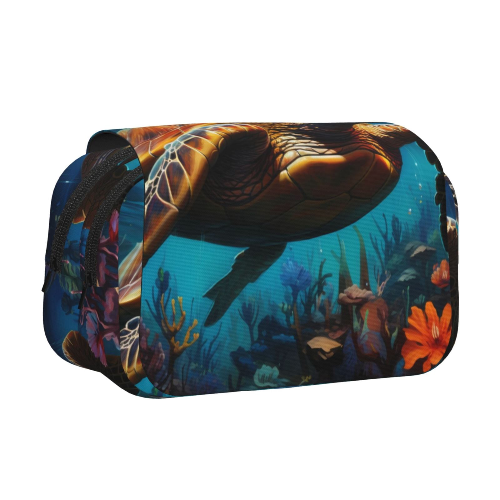 Rateoe Colorful Flower Sea Turtle Pattern Double Clamshell Pen Case, Storage Organizer with Two Zipper Compartments– Holds Up to 50 Pencils & Pens