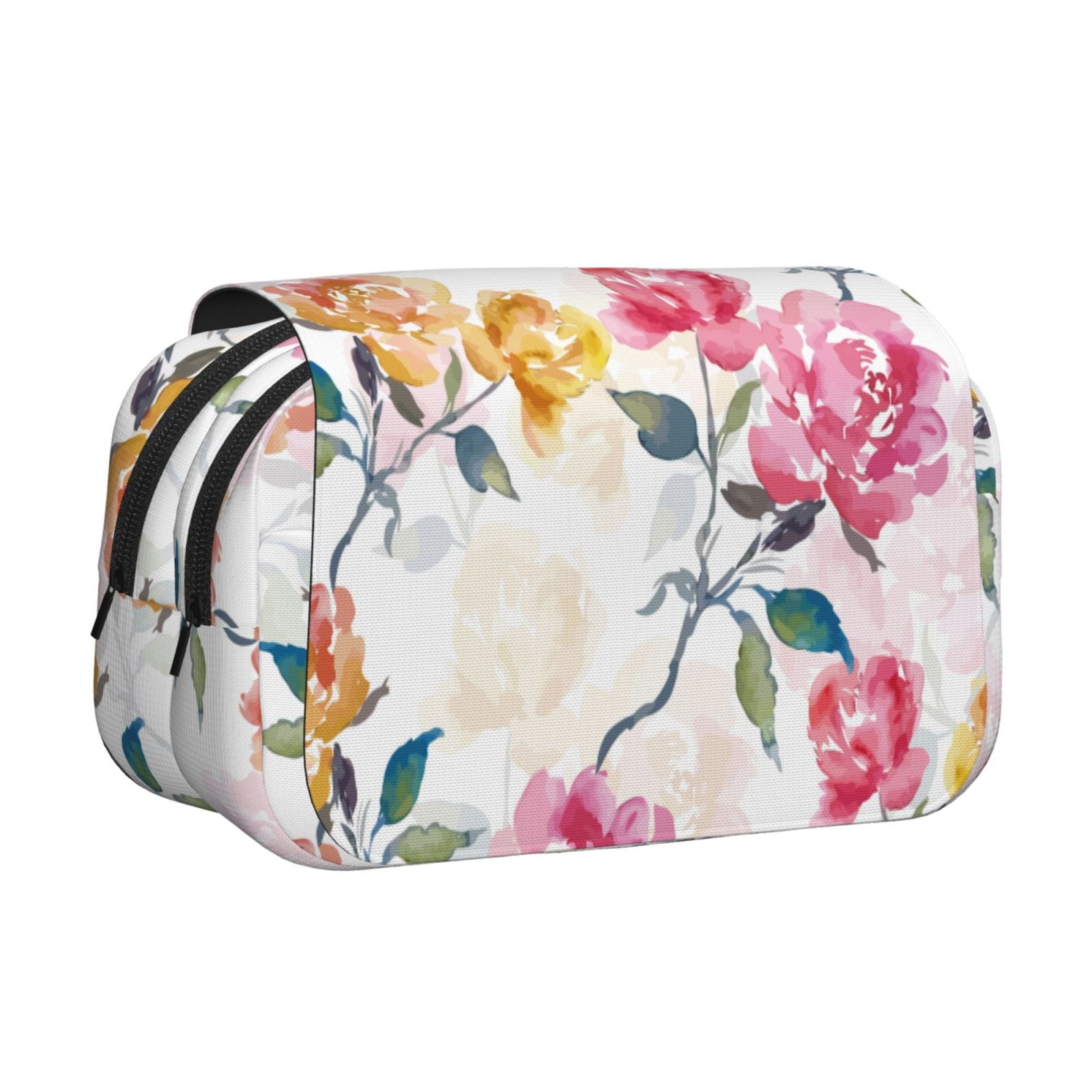 Rateoe Colorful Flowers Pattern Double Clamshell Pen Case, Storage Organizer with Two Zipper Compartments– Holds Up to 50 Pencils & Pens
