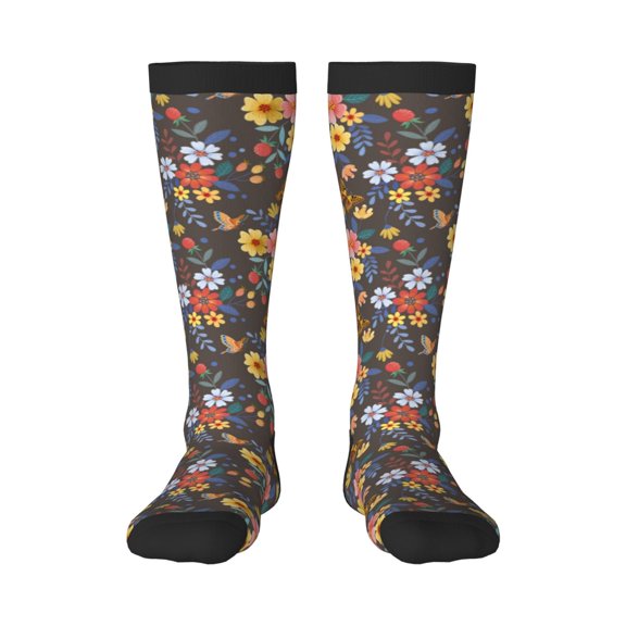 Rateoe Colorful Flowers with Butterfly Pattern Women’s Knee High Crew Socks,Trouser Socks Comfortable, Breathable, Moisture-Wicking and Soft