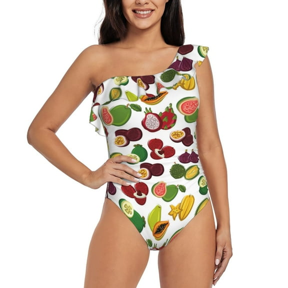 Rateoe Colorful Fruits Pattern Women One Piece Swimsuits Tummy Control One Shoulder Bathing Suits Ruffle Swimwear-