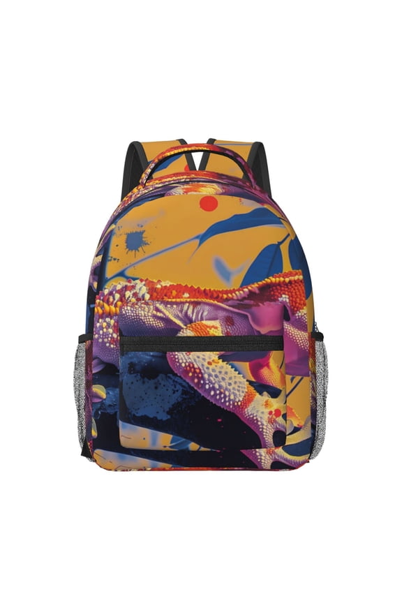 Colorful Gecko Jungle Art Pattern Durable Student Backpack Laptop Bag- Ergonomic Design, Waterproof Twill Fabric - Ideal for School, Travel, and Outdoor Activities-One Size