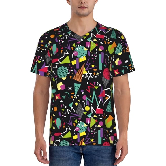 Rateoe Colorful Geometric Figures Pattern Men’s Baseball Short Sleeve Polo Shirt, Midweight Men's Shirt Golf Shirt Polo Shirts Quick Dry Short-Large