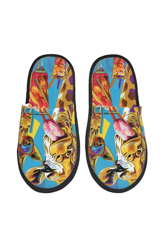 Colorful Giraffes with Drinks Pattern Fuzzy Slippers Fuzzy Soft House Slippers Plush Furry Warm Cozy Open Toe Fluffy Home Shoes-Medium