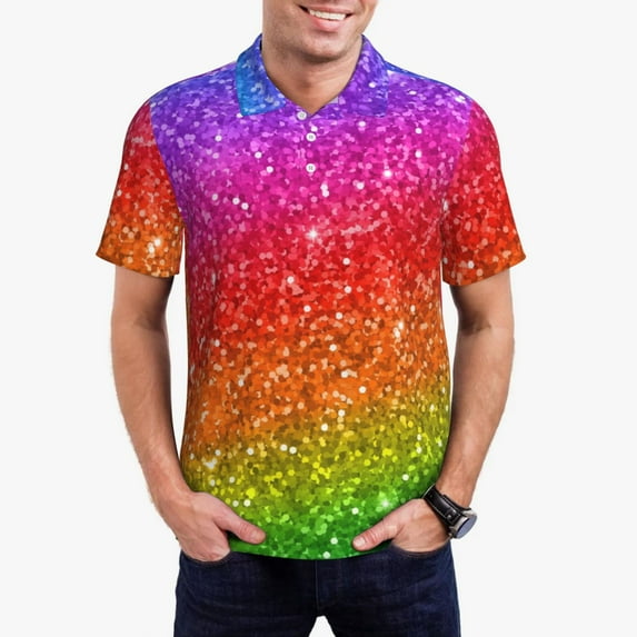 Rateoe Colorful Glitter Pattern Men's Short Sleeve Polo Shirts, Golf Polo Shirts Short Sleeve Performance Moisture Wicking Dry-Medium