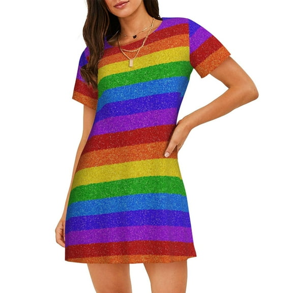 Rateoe Colorful Glitter Rainbow Print Women’s Nightdress – Cozy Cotton Short-sleeved Sleep Shirt, Loose-Fit Sleepwear, Perfect for Relaxing and Sleeping