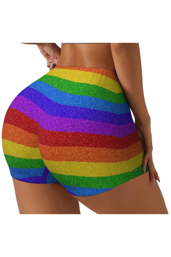 Colorful Glitter Rainbow Printed Power Workout Shorts for Women Tummy Control Squat Proof Ribbed Thick Seamless Scrunch Active Short-Large