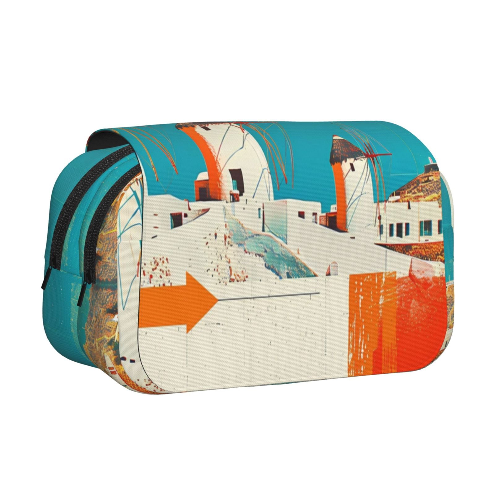 Rateoe Colorful Greek Windmills Pattern Double Clamshell Pen Case, Storage Organizer with Two Zipper Compartments– Holds Up to 50 Pencils & Pens