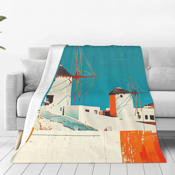 Rateoe Colorful Greek Windmills Print Fuzzy Fleece Throw Blanket Extra Large,Super Soft,Fluffy and Warm Blankets for Couch,Bed,All Season Use (40"x30")