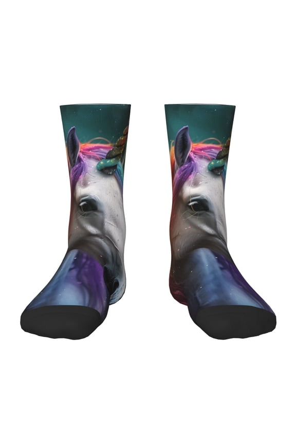 Colorful Haired White Horse Pattern Children's Socks, Socks Gifts ,kids Crew Soft Cotton Socks , Moisture-Wicking, Durable, Ideal for Daily Wear & Sports