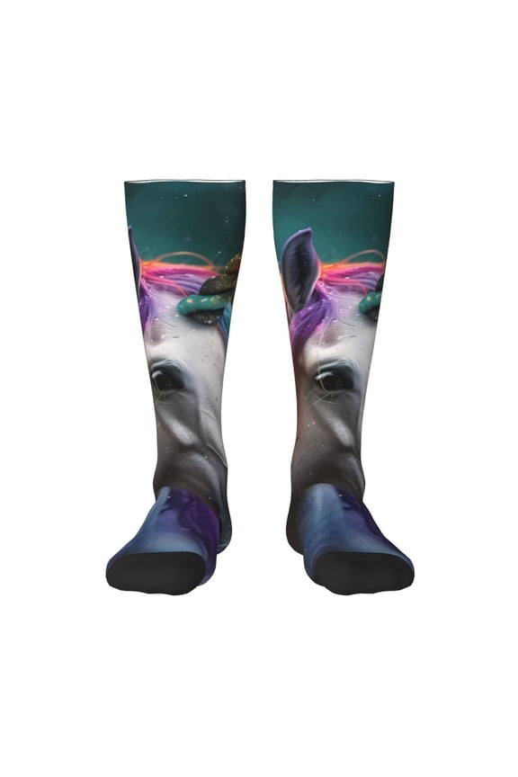 Colorful Haired White Horse Pattern Women’s Knee High Crew Socks,Trouser Socks Comfortable, Breathable, Moisture-Wicking and Soft