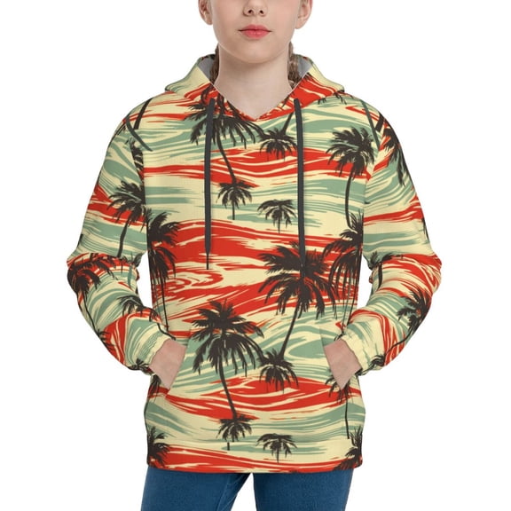 Rateoe Colorful Hawaii Palms Pattern Boys Hoodie, Youth Pullover Hooded Sweatshirt, Kangaroo Pocket Hoodie for Kids-Large