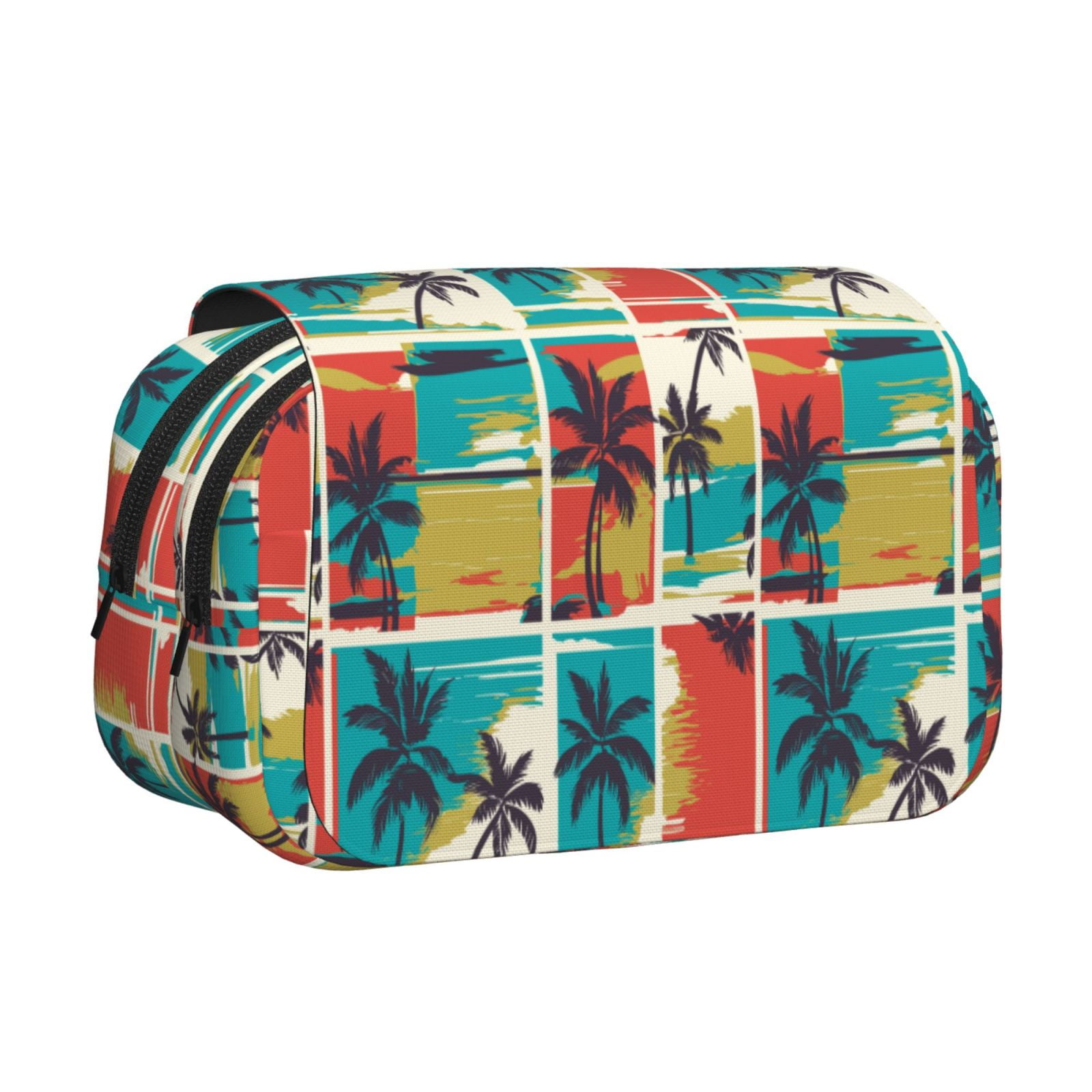 Rateoe Colorful Hawaii Palms Pattern Double Clamshell Pen Case, Storage Organizer with Two Zipper Compartments– Holds Up to 50 Pencils & Pens