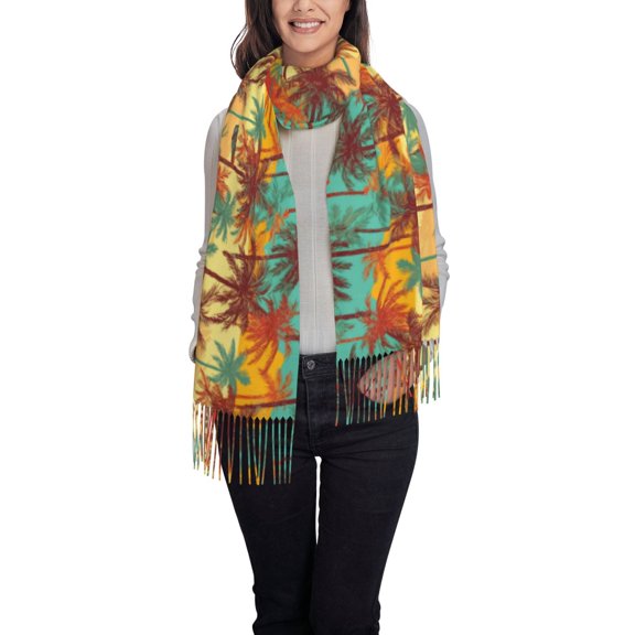 Rateoe Colorful Hawaii Palms Women's Traditional Scarf Wrap Tassel Shawl Fringes Neck Head Shawl Retro Scarf
