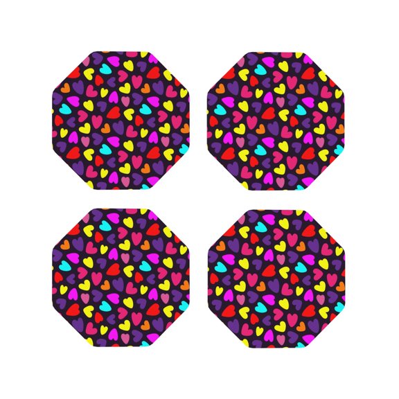 Rateoe Colorful Hearts Drawing Drink Coasters Set of 4 Leather Coasters Spill Protection for Table Desk,Durable and Non Slip Leather Coaster ,4 Inches Drink Mats-Octagon