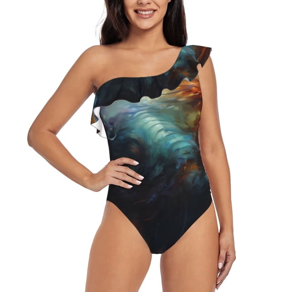 Rateoe Colorful Ink Style Dragon Pattern Women One Piece Swimsuits Tummy Control One Shoulder Bathing Suits Ruffle Swimwear-Large