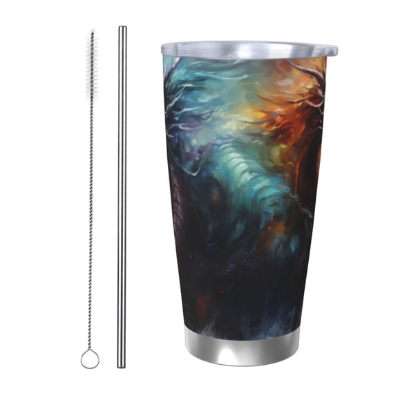 Rateoe Colorful Ink Style Dragon Printed Car Guy Gifts for Men Women Tumbler - 20oz/590ml Vacuum Insulated Stainless Steel Travel Tumbler Cups with Lid & Straw-Straw Two-piece Set
