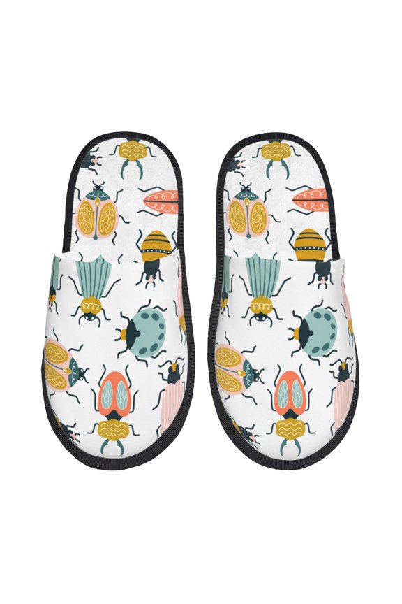 Colorful Insects Pattern Fuzzy Slippers Fuzzy Soft House Slippers Plush Furry Warm Cozy Open Toe Fluffy Home Shoes-Medium