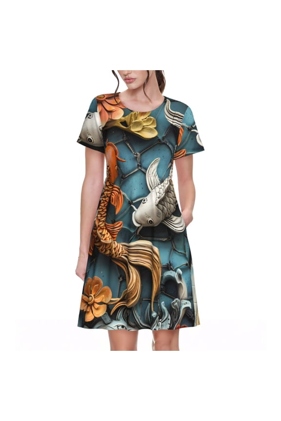 Colorful Koi Fish Art Pattern Women’s Short Sleeve Dress – Casual Elegant Summer A-Line Dress for Everyday Wear
