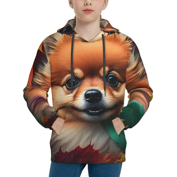 Rateoe Colorful Leaf Chihuahua Pattern Boys Hoodie, Youth Pullover Hooded Sweatshirt, Kangaroo Pocket Hoodie for Kids-Large