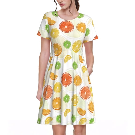 Rateoe Colorful Lemons Pattern Women’s Short Sleeve Dress – Casual Elegant Summer A-Line Dress for Everyday Wear