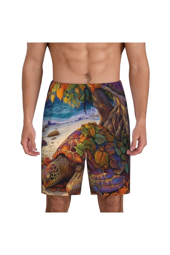 Colorful Maple Leaf Beach Turtle Print Men's Lounge Shorts – Soft & Breathable Pajama Bottoms with Pockets, Elastic Waistband, Lightweight Sleepwear for Nightwear & Loungewear-4X-Large