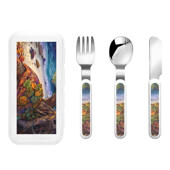 Rateoe Colorful Maple Leaf Beach Turtle for Stainless Steel Kids Silverware Set - Child and Toddler Safe Flatware - Children's Knife, Fork And Spoon Set
