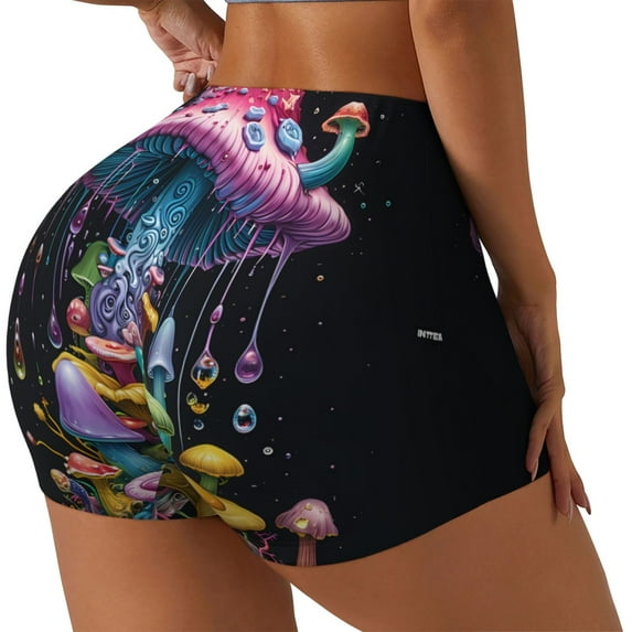 Rateoe Colorful Mushroom Printed Power Workout Shorts for Women Tummy Control Squat Proof Ribbed Thick Seamless Scrunch Active Short-Medium