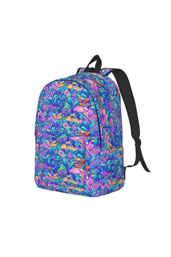 Colorful Mushrooms Pattern Durable Canvas Backpack for Men & Women – Stylish & Lightweight – Adjustable Straps, Multiple Pockets – Fits 15-17 Inch LaptopsMedium