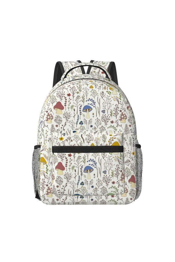 Colorful Mushrooms and Plants Pattern Durable Student Backpack Laptop Bag- Ergonomic Design, Waterproof Twill Fabric - Ideal for School, Travel, and Outdoor Activities