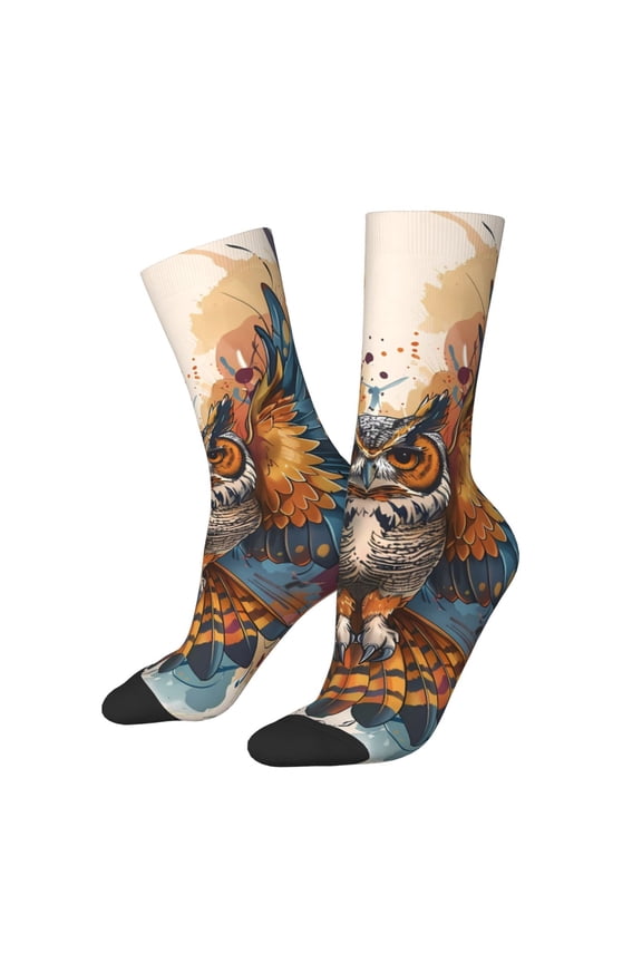 Colorful Owl Tattoo Art for Women Casual Calf Socks - Cute Crew Socks - Thin Soft Above Ankle Socks Size 5-11