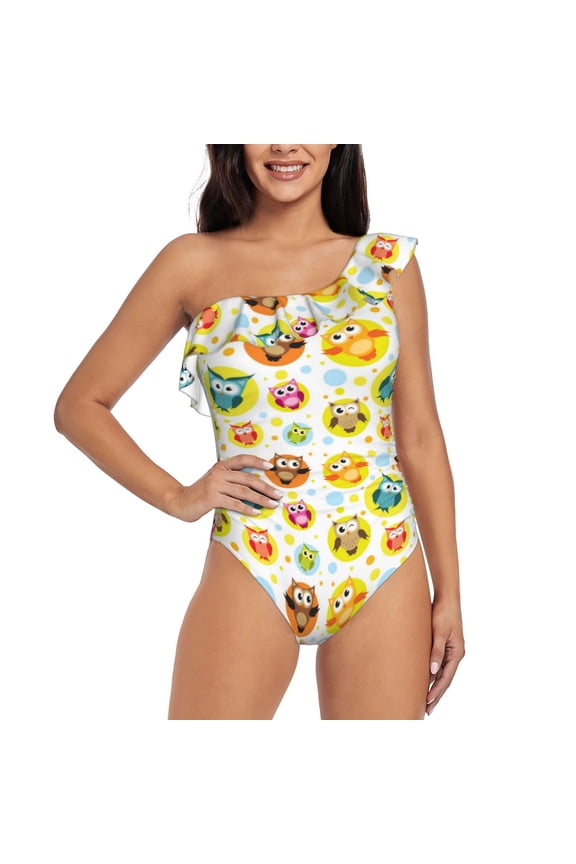 Colorful Owls 1 Pattern Women One Piece Swimsuits Tummy Control One Shoulder Bathing Suits Ruffle Swimwear-XX-Large