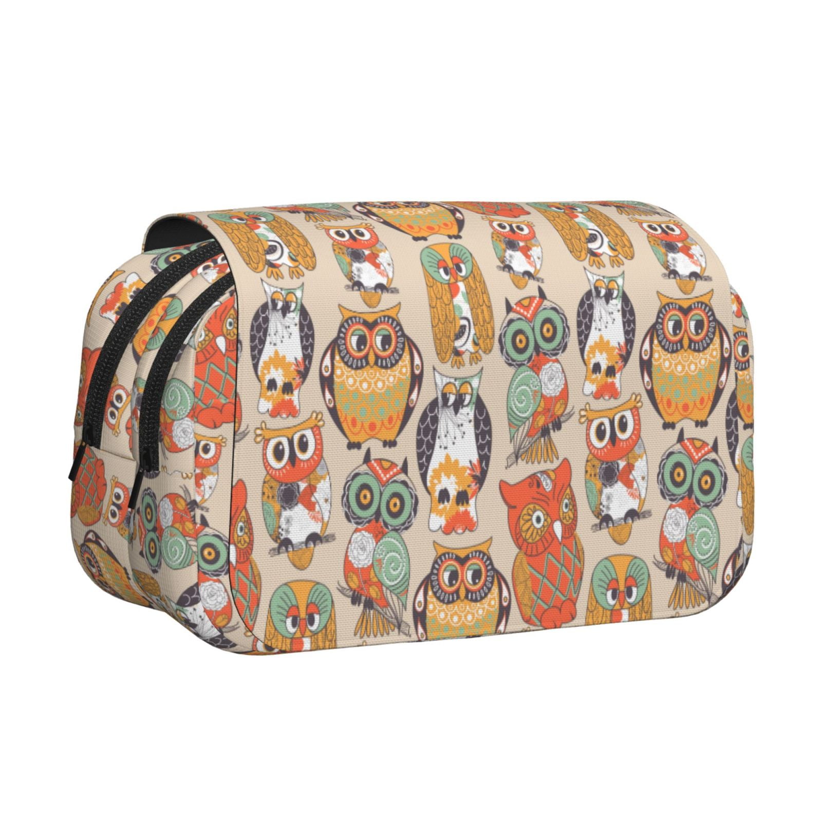 Rateoe Colorful Owls Pattern Double Clamshell Pen Case, Storage Organizer with Two Zipper Compartments– Holds Up to 50 Pencils & Pens