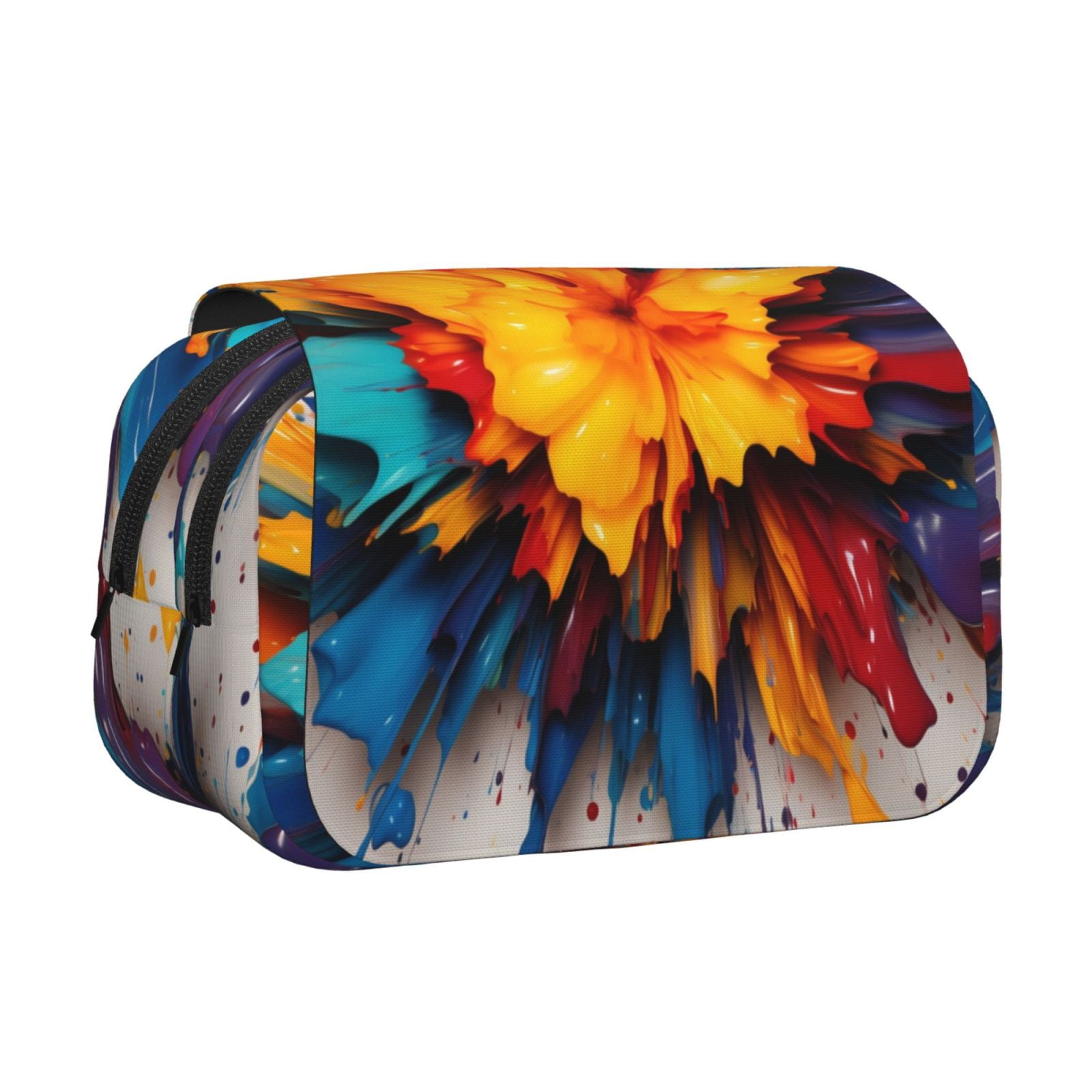 Rateoe Colorful Paint Print Pattern Double Clamshell Pen Case, Storage Organizer with Two Zipper Compartments– Holds Up to 50 Pencils & Pens