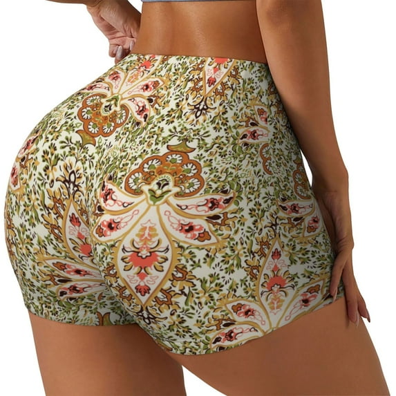 Rateoe Colorful Paisley Printed Power Workout Shorts for Women Tummy Control Squat Proof Ribbed Thick Seamless Scrunch Active Short-Medium