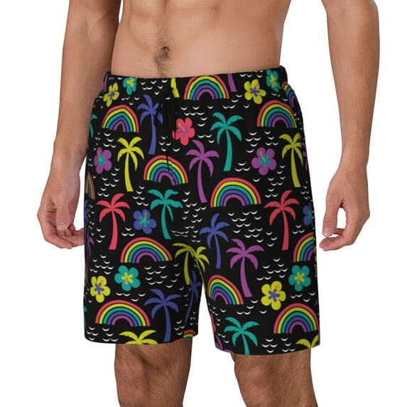 Rateoe Colorful Palms Pattern Men’s Swim Shorts with Compression Liner – Double-Layered Quick-Dry Swimwear, Comfortable & Stretchy Beach Shorts-XX-Large