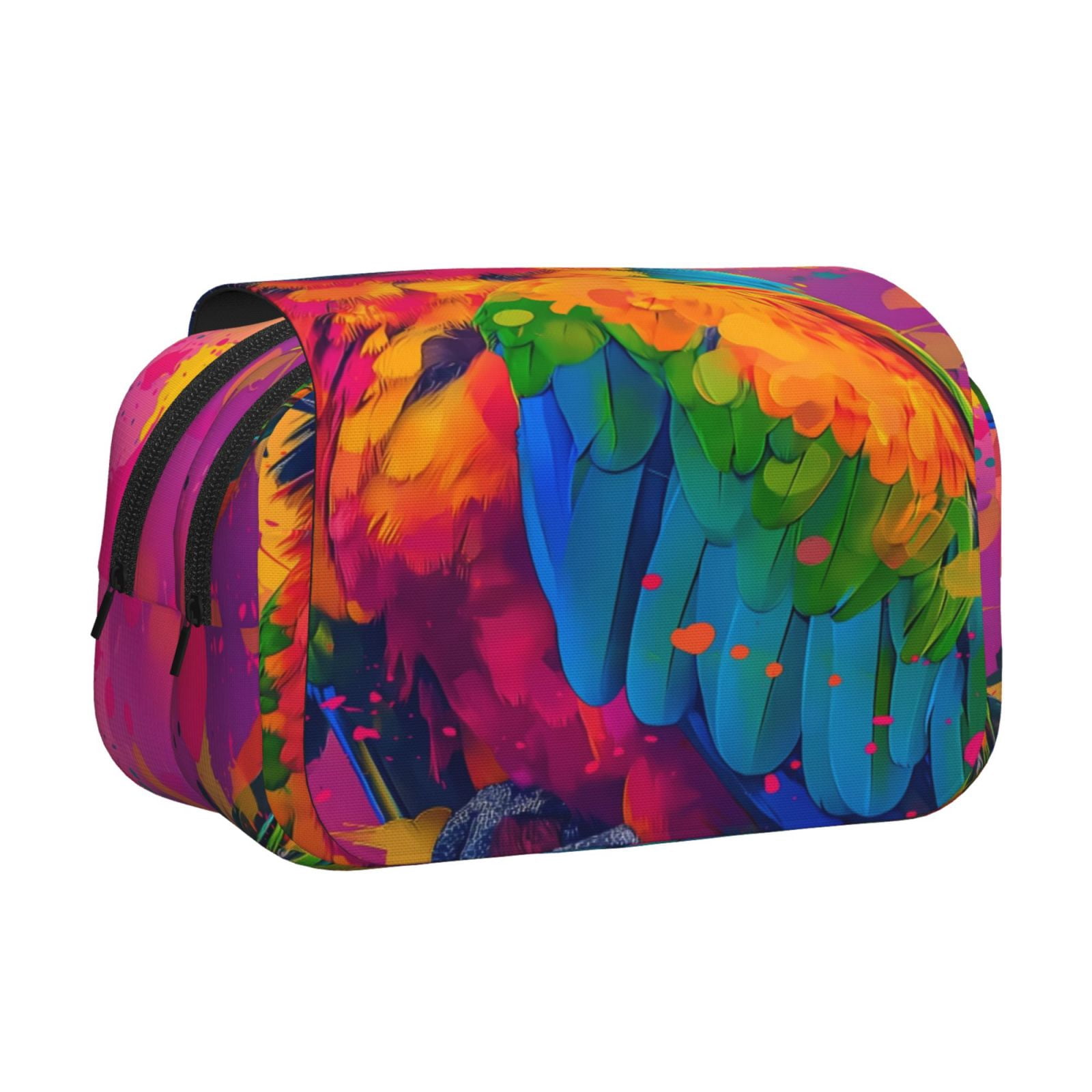 Rateoe Colorful Parrot Jungle Dream A Pattern Double Clamshell Pen Case, Storage Organizer with Two Zipper Compartments– Holds Up to 50 Pencils & Pens