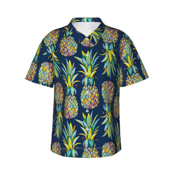 Rateoe Colorful Pineapples Pattern Men’s Hawaiian Shirt – Short Sleeve Button-Down Tropical Beach Shirt, Lightweight & Breathable Casual Aloha Shirt with Pocket,Medium