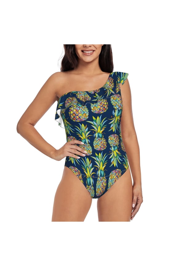 Colorful Pineapples Pattern Women One Piece Swimsuits Tummy Control One Shoulder Bathing Suits Ruffle Swimwear-