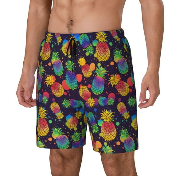 Rateoe Colorful Pineapples1 Pattern Men’s Swim Shorts with Compression Liner – Double-Layered Quick-Dry Swimwear, Comfortable & Stretchy Beach Shorts-Large